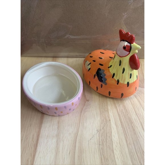 Pfaltzgraff Pistoulet Sitting Chicken Jane Kotlpen trinket box orange blue 5.5" - Picture 3 of 4